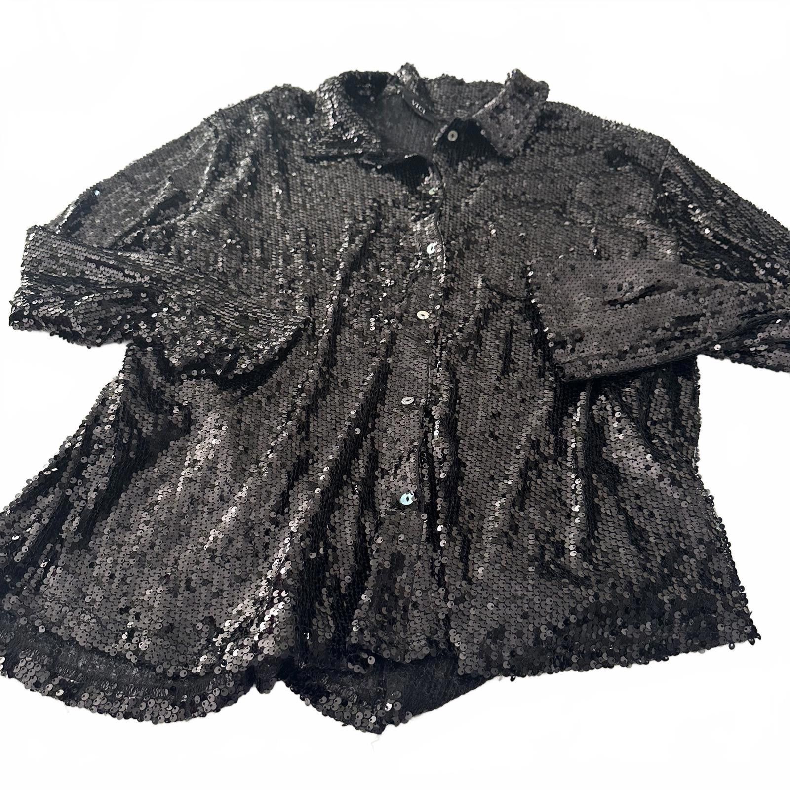 Designer VICI Black Sequin Button-Up Shirt Size ONE SIZE - 2 Thumbnail