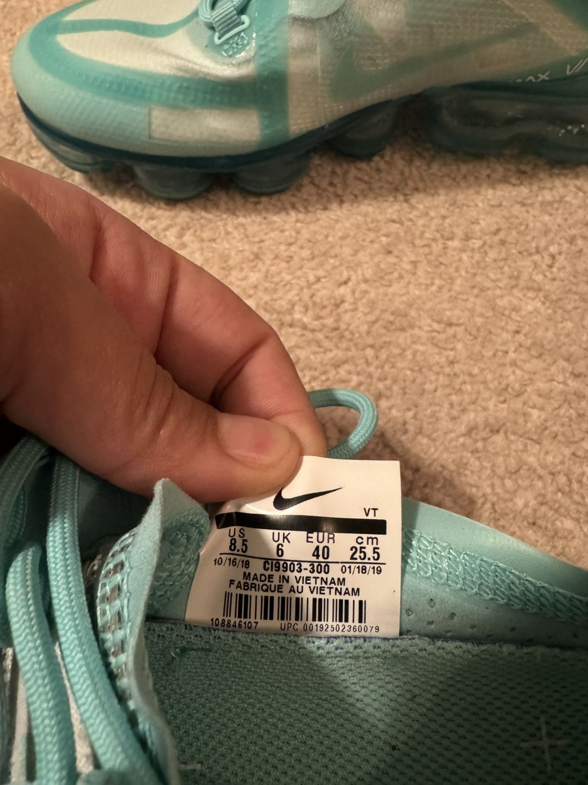 Nike Women's Air Vapor Max 2019 Teal Tint Size US 8.5 / IT 38.5 - 4 Thumbnail