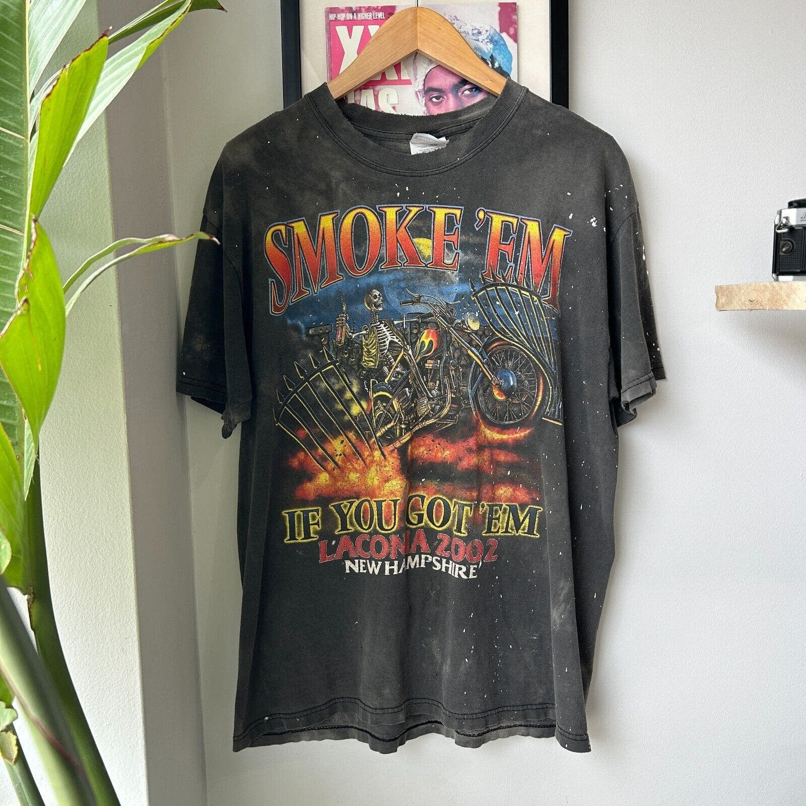 image of Hanes Vintage | Smoke Em' If You Got Em Faded Thrashed Biker Tee L in Black, Men's (Size Large)
