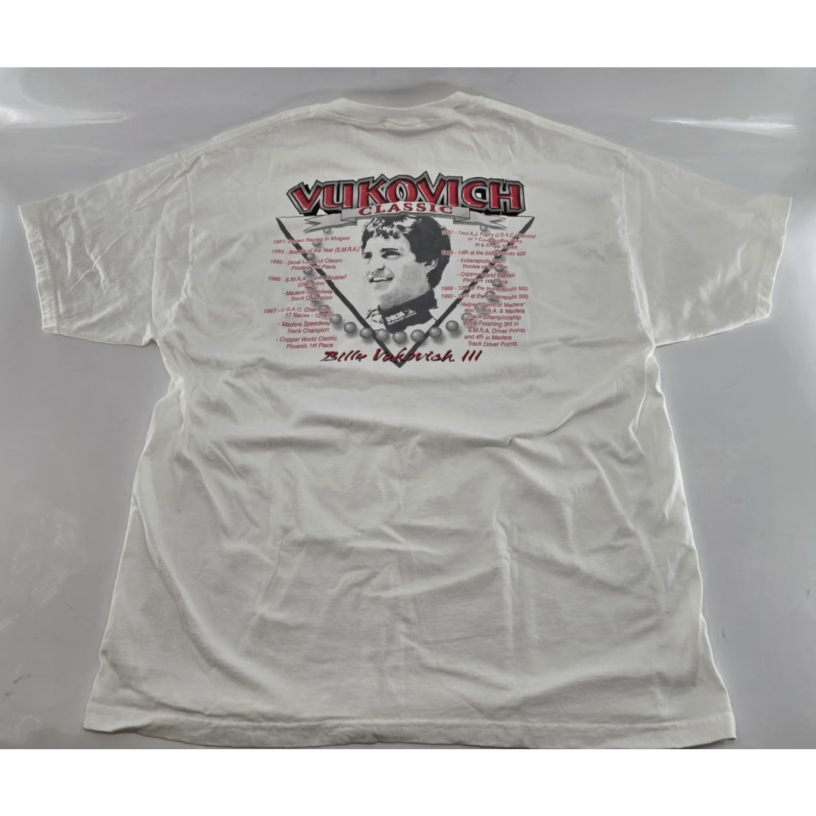 Gildan VINTAGE VUKOVICH Classic Sz XL Racing Shirt White Front & Back Graphic - VG Short Sleeve Crew Neck Men T-Shirt XL White Nike? Size US XL / EU 56 / 4 - 6 Thumbnail