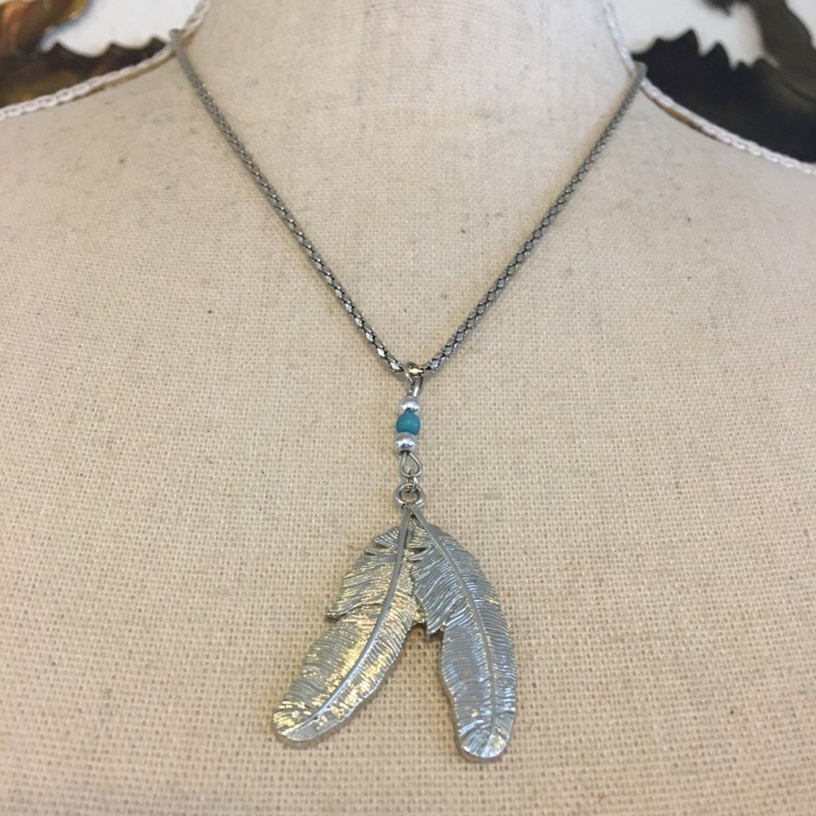 Jewelry Southwest style silver feather turquoise necklace Size ONE SIZE - 1 Thumbnail