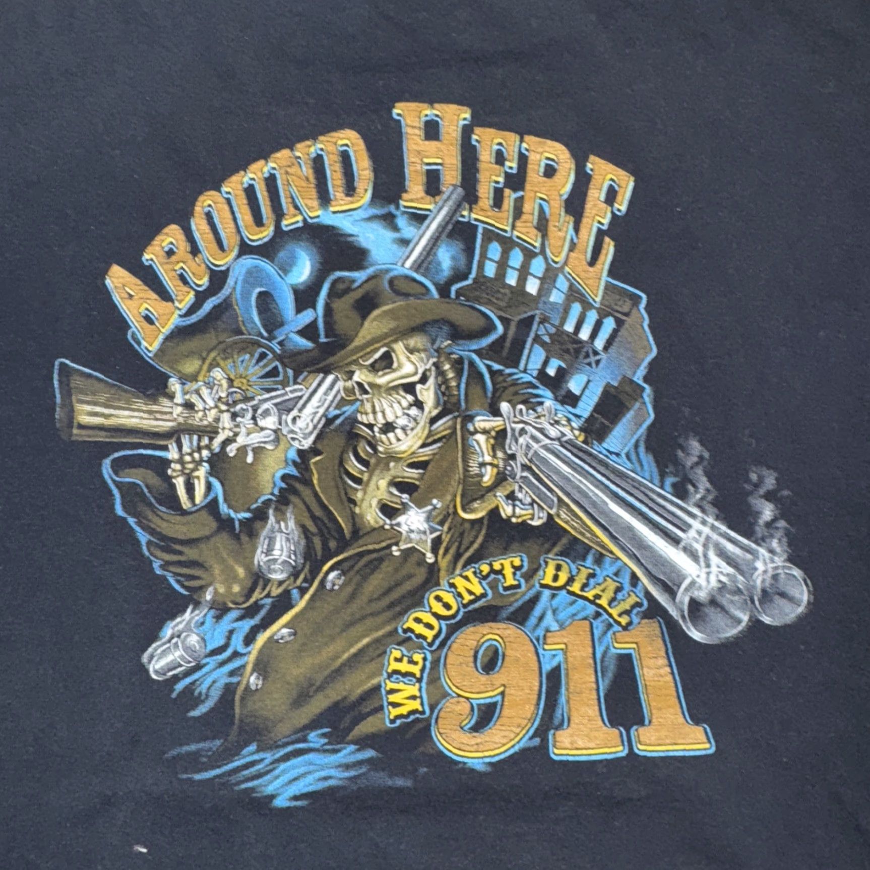 Vintage Cowboy Up We Don’t Dial 911 Graphic T-Shirt Black 2XL Mens Western 90s Y2K Streetwear Crew Neck Short Sleeve Size US XXL / EU 58 / 5 - 2 Thumbnail