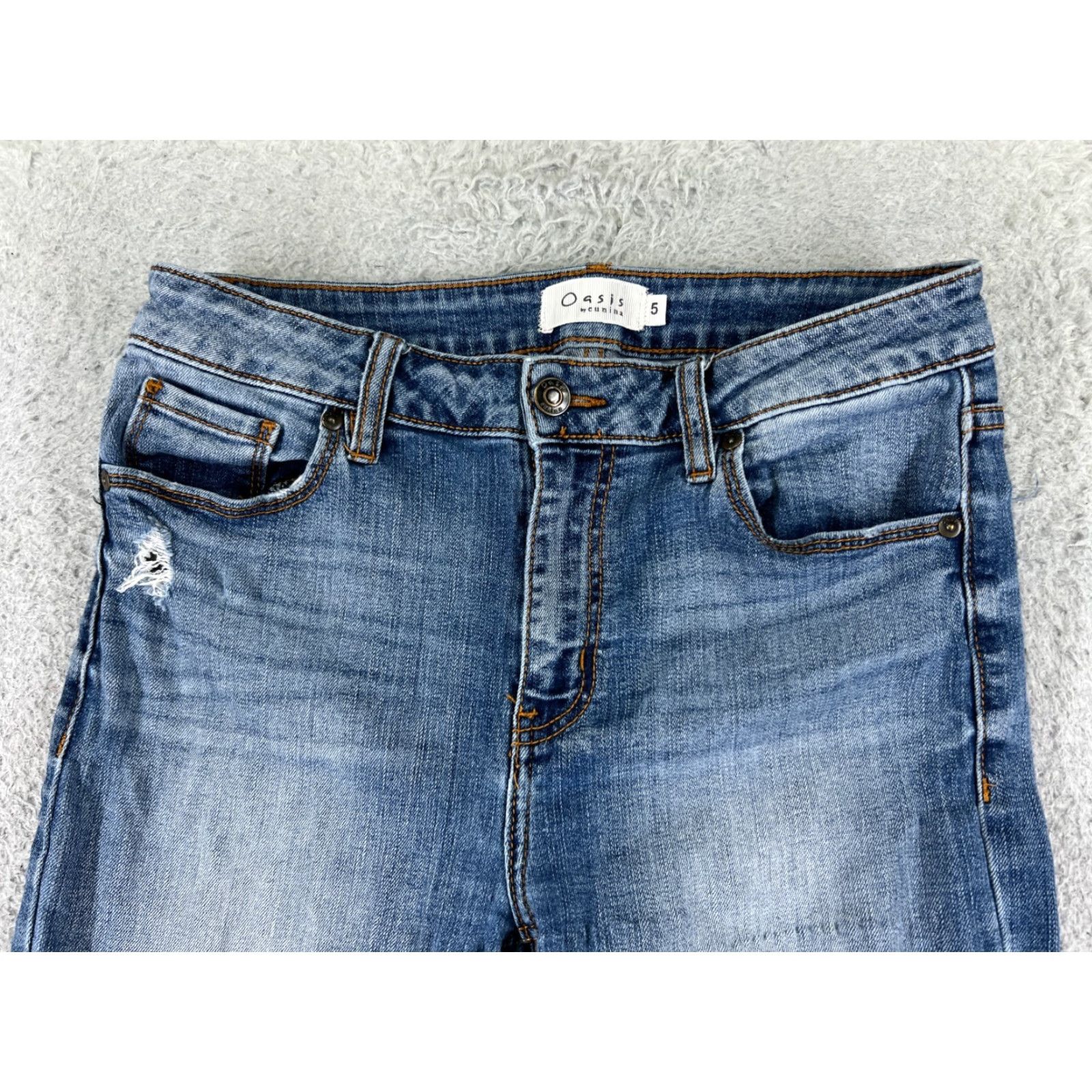 Vintage VINTAGE Oasis by Eunina Jeans Womens 5 Blue Denim Distressed Cotton Spandex Skinny Logo Zipper Button 5-Pocket Men's? Size 27" / US 4 / IT 40 - 4 Thumbnail