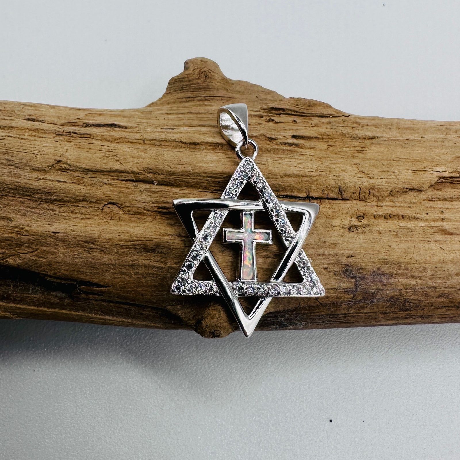 The Unbranded Brand Sterling Silver Star of David Lab Opal Cross CZ Pendant Size ONE SIZE - 5 Thumbnail