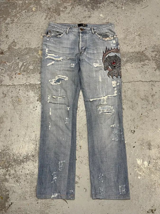 Just Cavalli SS2007 Cavalli Blue Distressed Tiger Denim Jeans Size US 32 / EU 48 - 5 Thumbnail