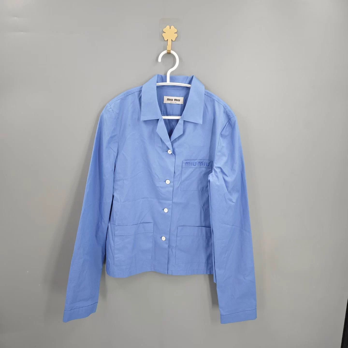 Miu Miu MIU MIU Women's Sapphire Blue Logo Embroidered LS Shirt Size XS / US 0-2 / IT 36-38 - 1 Thumbnail