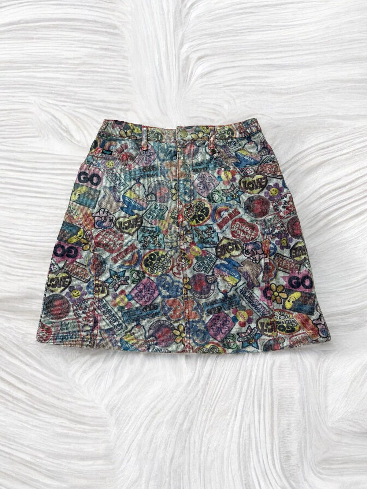 Japanese Brand × Vintage VINTAGE ANGEL❤️BLUE FULLPRINTED OVERPINTS MINI SKIRT JEANS Size 24" / US 00 / IT 34 - 2 Thumbnail