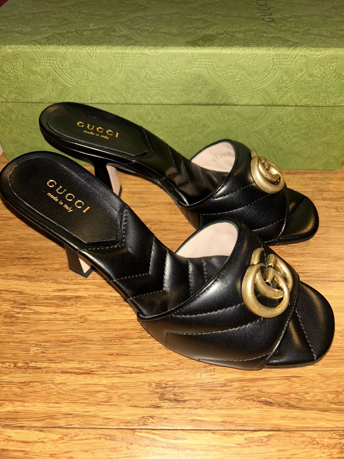 Gucci Gucci Double G Mid Heel Slide Sandal Black Nappa Charlotte Size US 5.5 / IT 35.5 - 1 Thumbnail