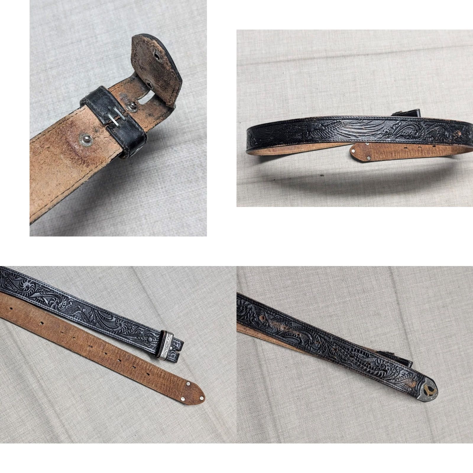 Vintage VINTAGE Leegin belt western belt Mens 34 brown leather buckle eagle tooled Full Grain Leather cowboy western america Harley Size 34 - 8 Thumbnail