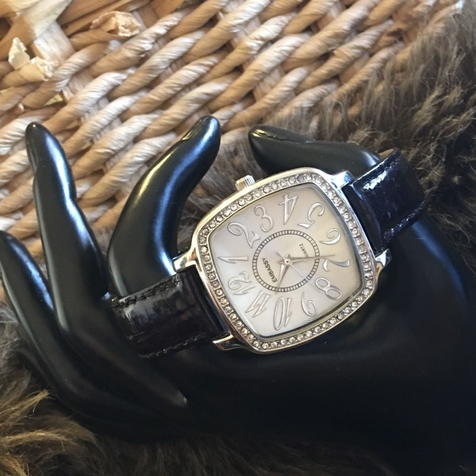 Jewelry Ladies Embassy Black Leather Rhinestone Watch, Women's