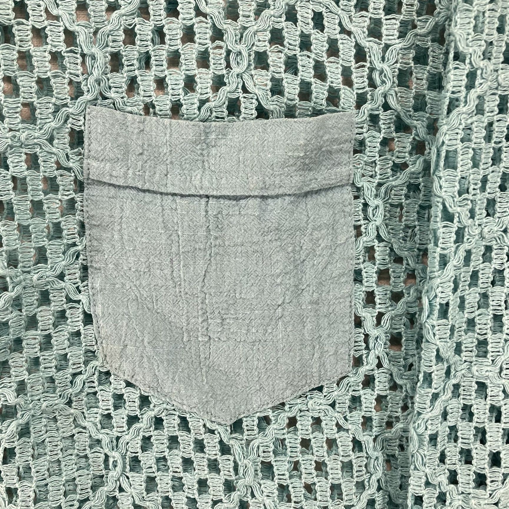 Vintage Women's 1X Button Up Top Collared Sheer Knit Crochet Style Light Aqua Pearl Size XL / US 12-14 / IT 48-50 - 7 Thumbnail