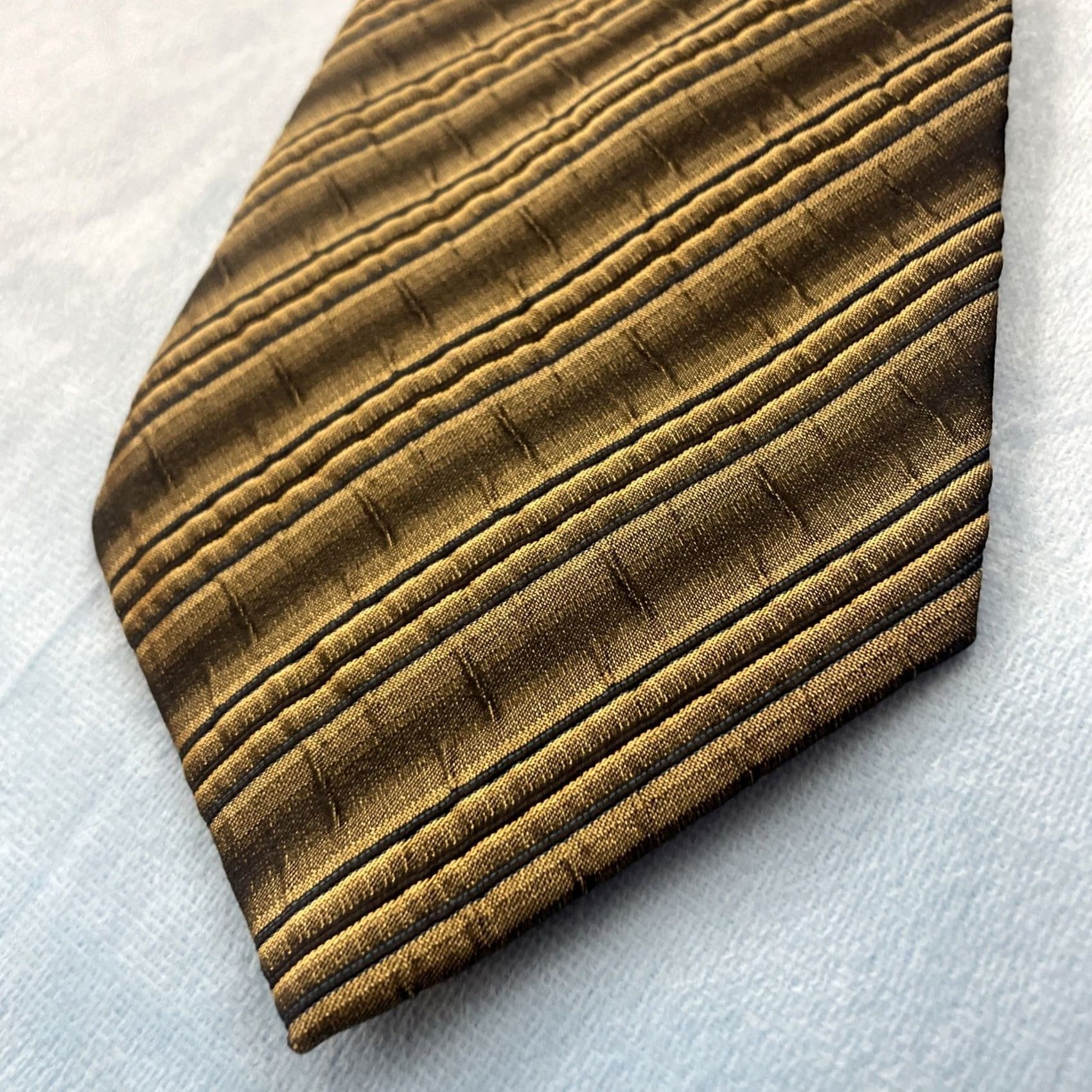 Martine Ali VINTAGE Martinelli Silk Pleated Repp Tie Yellow Gold Gray Striped 3.5" 58" Mens Tie Size ONE SIZE - 2 Thumbnail