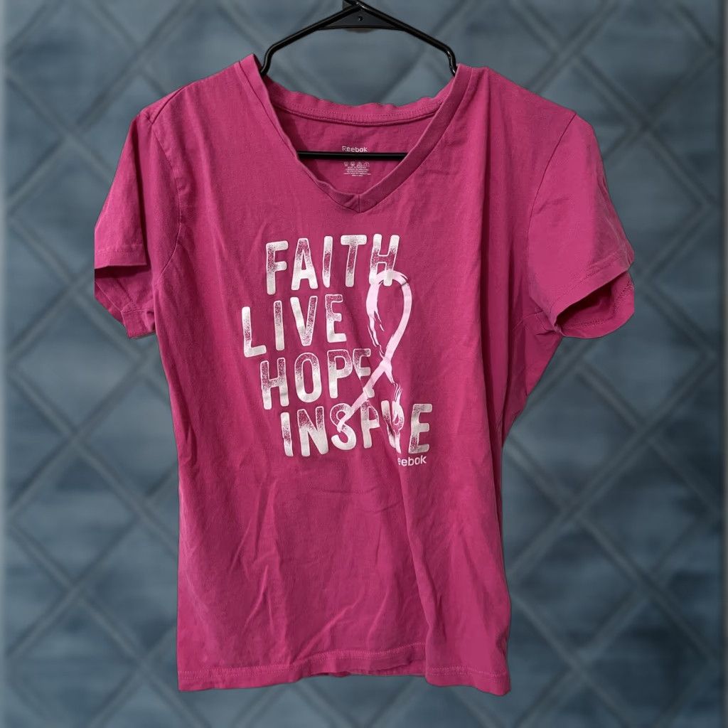 Reebok REEBOK Ladies Breast Cancer Faith Hope Live Inspire V-Neck T-Shirt Pink Large Size L / US 10 / IT 46 - 1 Thumbnail