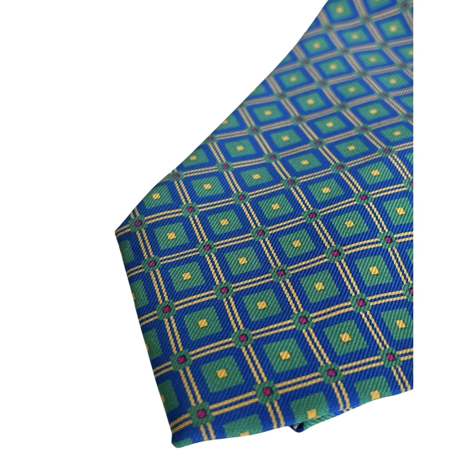 Vintage CHARLES HILL Made In England Emerald Green Blue Diamond Motif Tie DESIGNER Size ONE SIZE - 3 Thumbnail