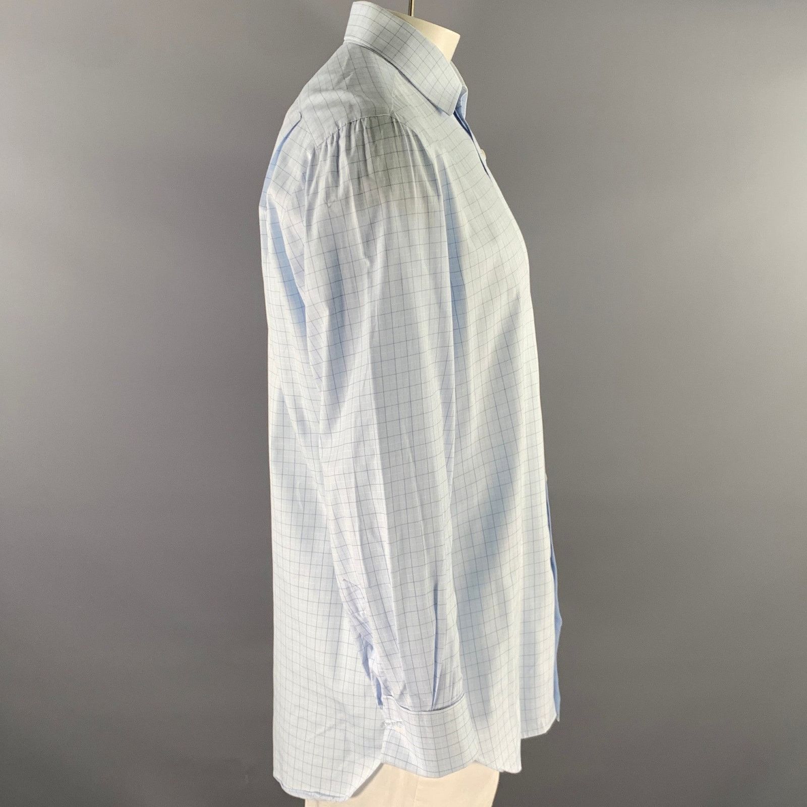 Kiton KITON L Light Blue Windowpane French Cuff Long Sleeve Shirt Size 48R - 3 Thumbnail