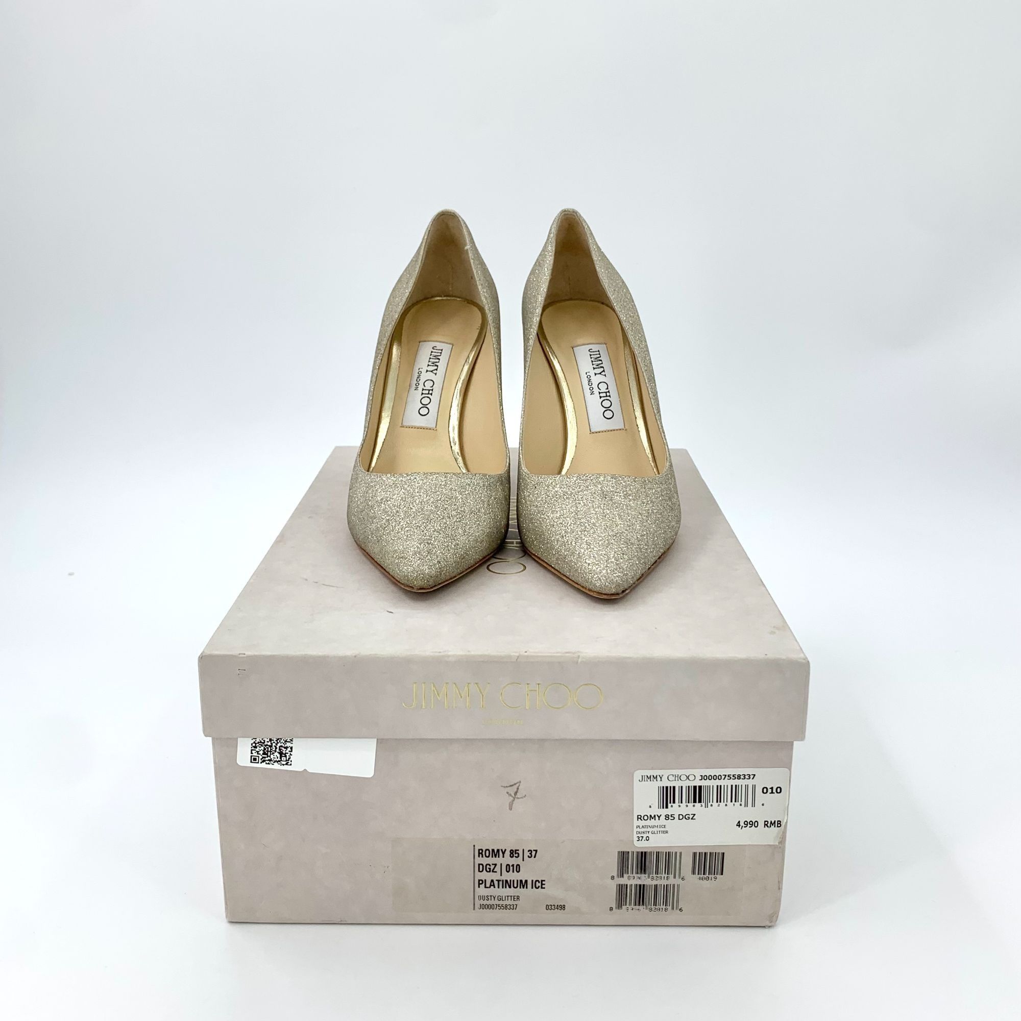 Jimmy Choo Romy 85 Glitter Pointed-Toe Pumps Platinum Ice Si - Main Image