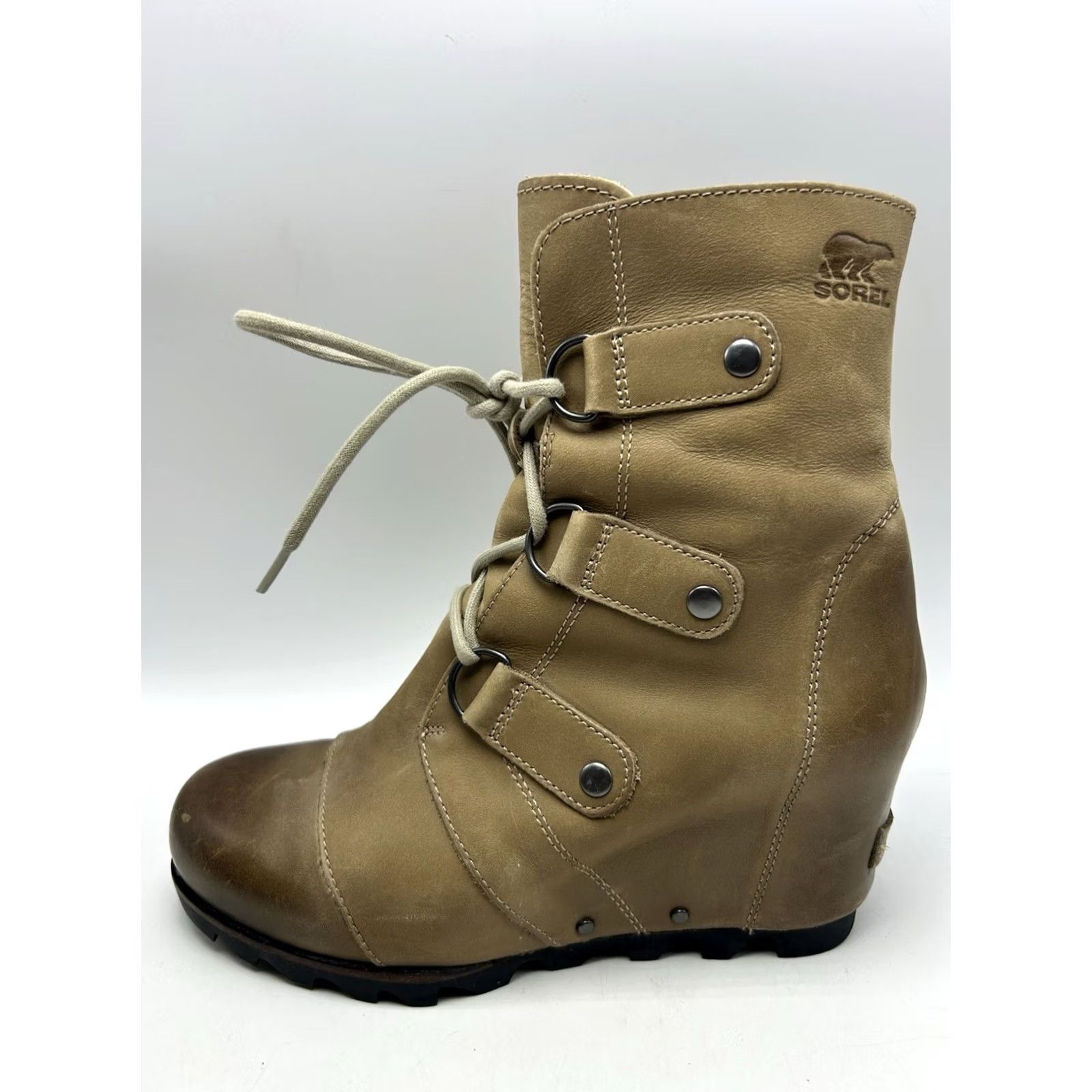 SOREL Sorel Joan of Arctic Boot Beige Leather Distressed Distressed Look Wedge Mid Heel Women’s Bootie 8 US Size US 8 / IT 38 - 4 Thumbnail