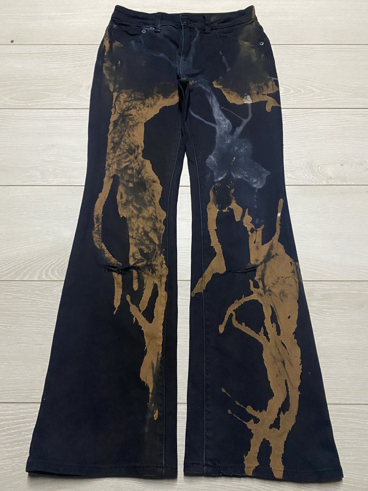 GU Vintage Gu Black Paint Splatter Distressed Flare Jeans Size US 27 - 1 Thumbnail