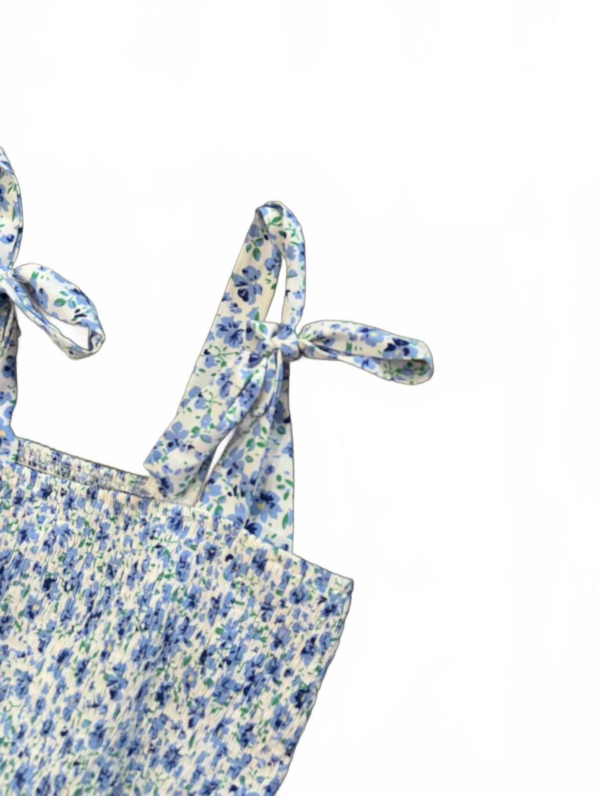 Shein SHEIN Floral Blue & White Sleeveless Smocked Top Tie Strap S Size ONE SIZE - 2 Thumbnail