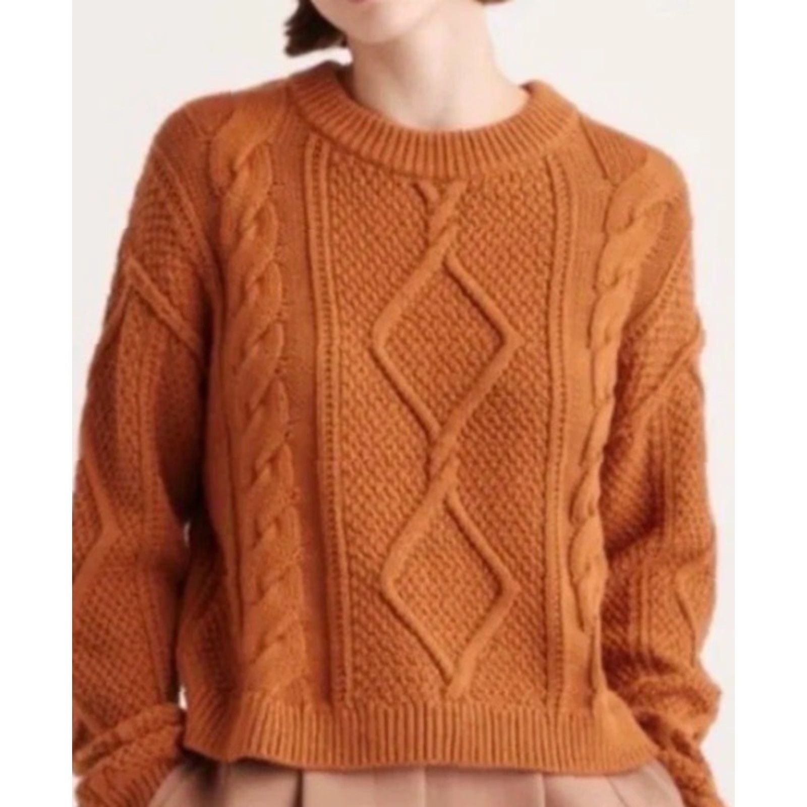 Quince Quince Organic Cotton Cropped Cable Crew Sweater Camel Brown Sz M Womens Size M / US 6-8 / IT 42-44 - 2 Thumbnail