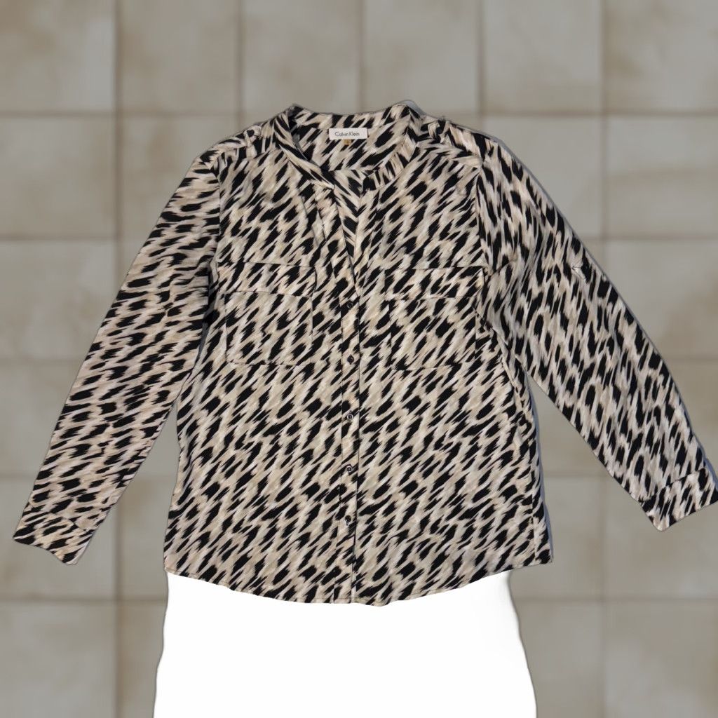Calvin Klein Calvin Klein Women Blouse Shirt Leopard Animal Print Front Pocket Roll Tab Sleeve L Multicolor Size L / US 10 / IT 46 - 1 Thumbnail