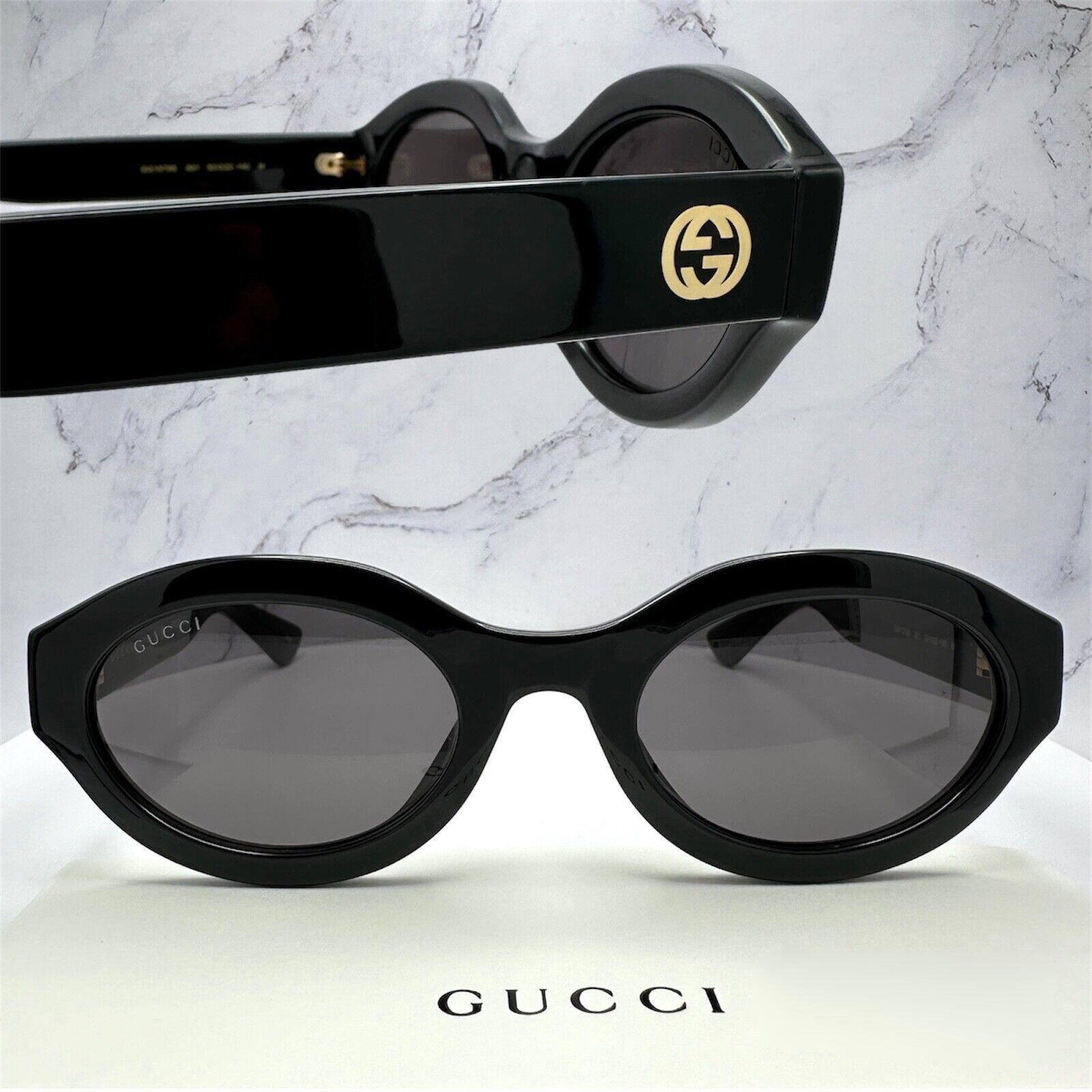 Gucci New GUCCI Sunglasses Black Oval Gold Interlocking GG Size ONE SIZE - 4 Thumbnail