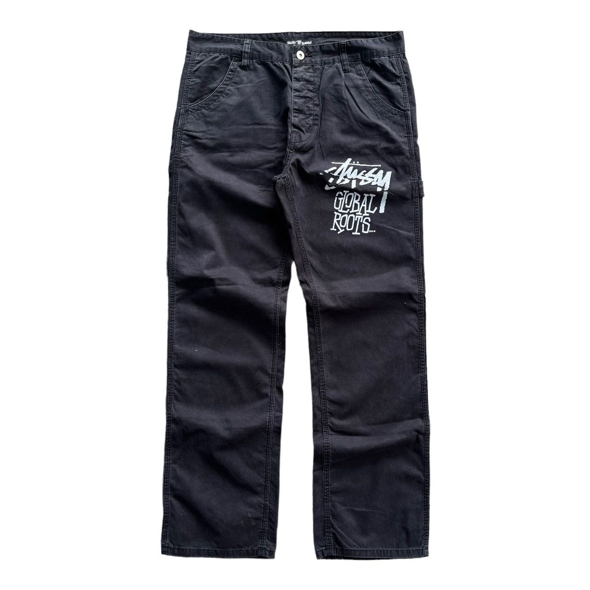 image of Y2K Stussy Printed ‘Global Roots’ Denim Pants in Black, Men's (Size 32)