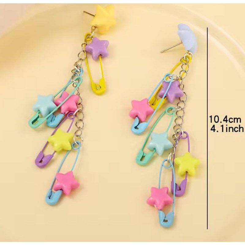Other Kawaii Pastel Star Safety Pin Dangle Earrings – Y2K Size ONE SIZE - 2 Thumbnail