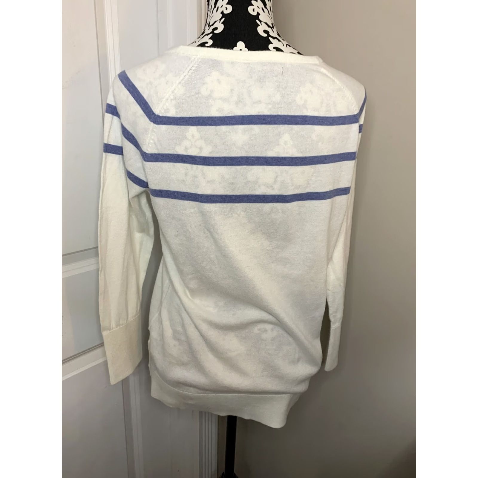 Nautica Nautica Women’s Knit Long Sleeve Sweater Top M Ivory/Blue, 100% Cotton, Striped, Round Neck, Pullover, Pre Owned, Regular Size, Womens Size M / US 6-8 / IT 42-44 - 6 Thumbnail