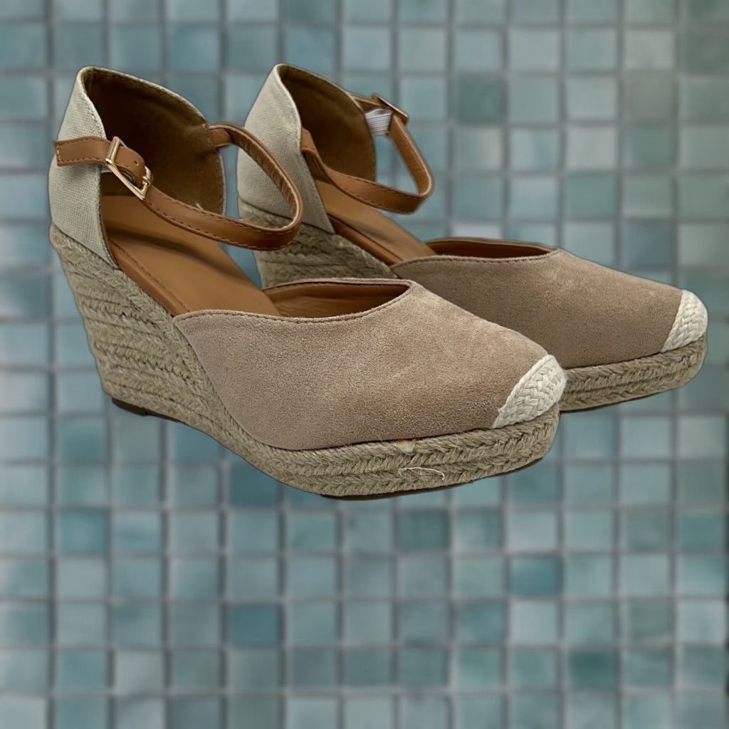 Vintage WOMENS Beige Faux Suede Mary Jane Pumps Wedge Heel Buckle Strap Size 6 Adult Shoes Size US 6 / IT 36 - 1 Thumbnail