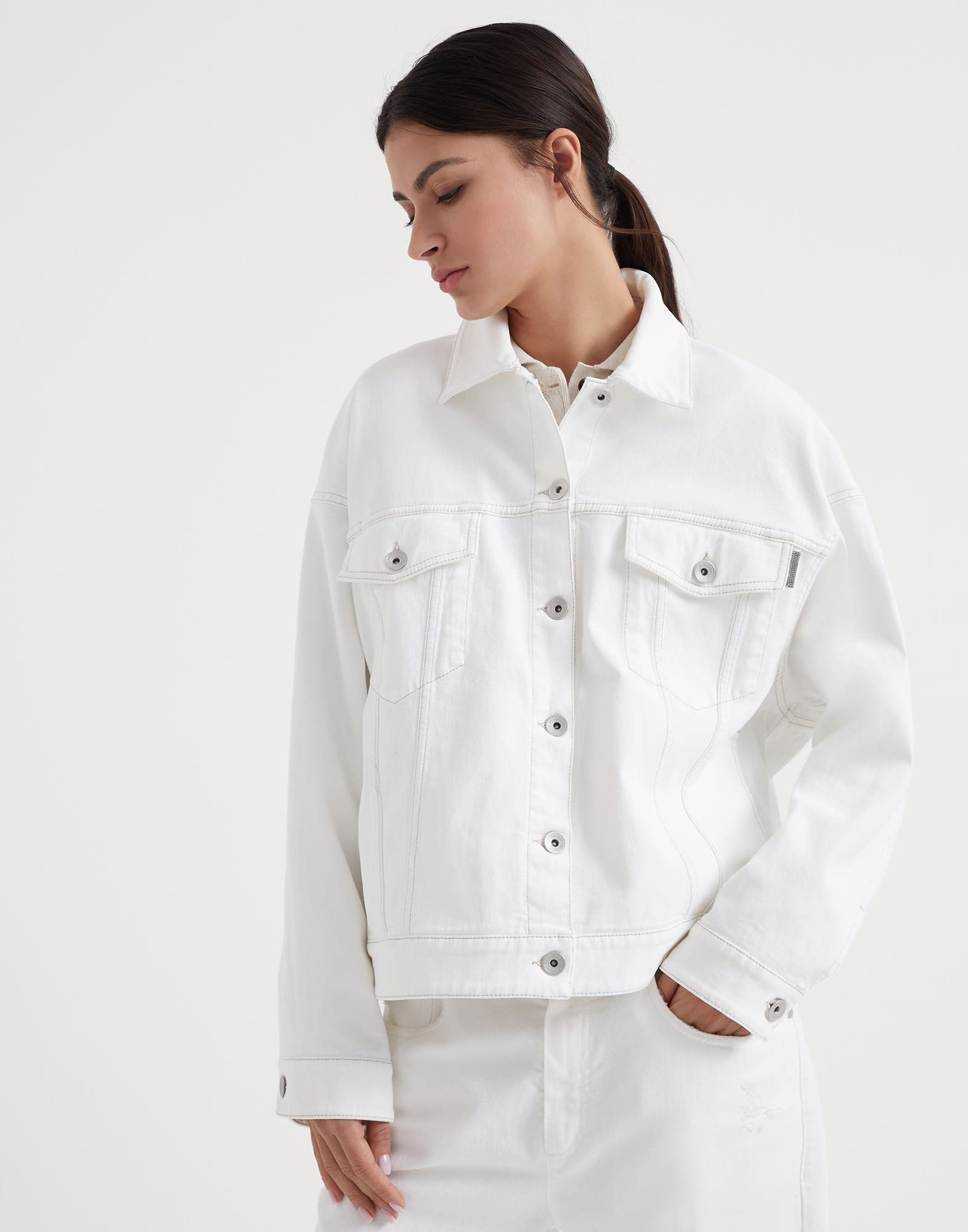 Brunello Cucinelli o1la1rc1a1025 Denim Jacket in White Size L / US 10 / IT 46 - 1 Thumbnail