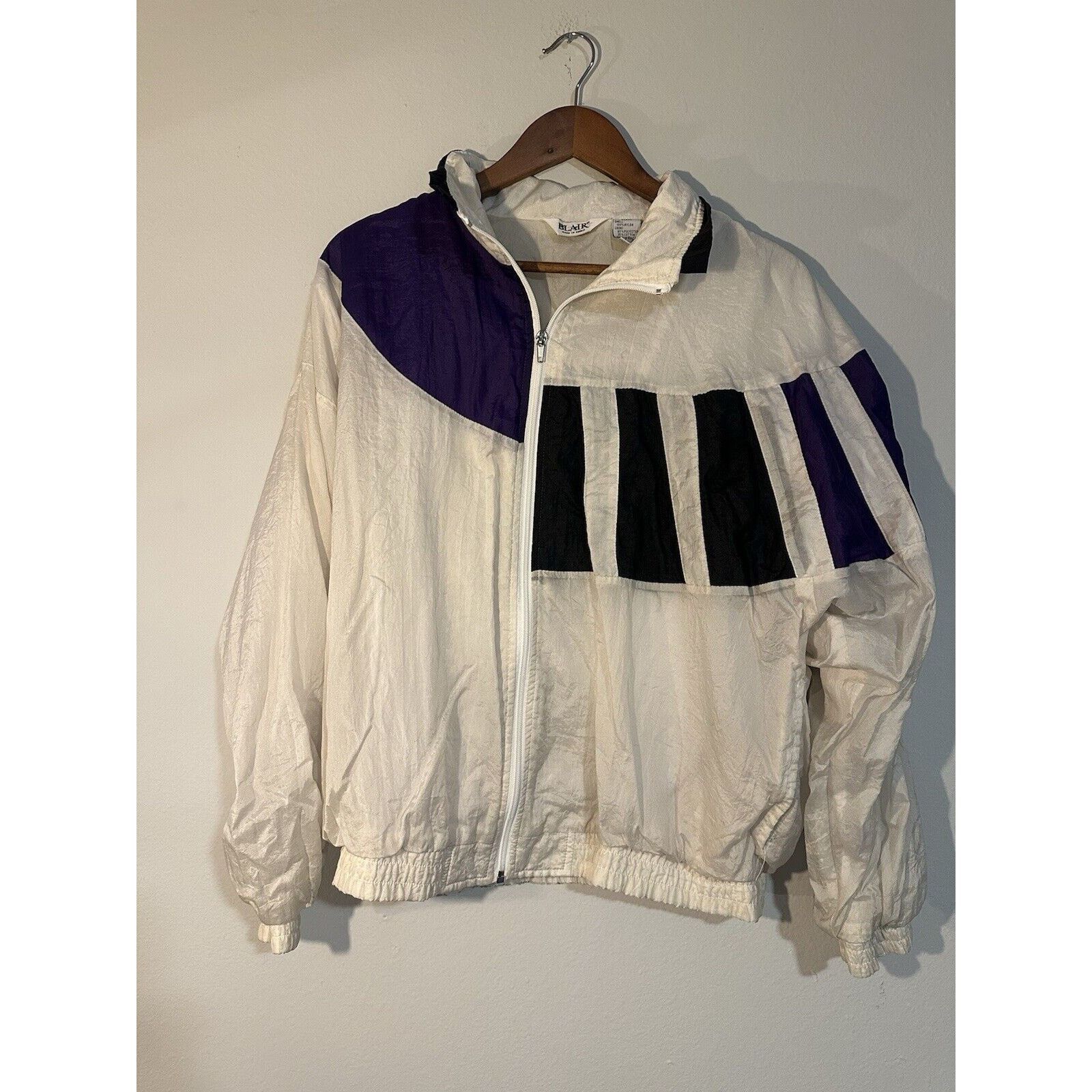 Vintage 80s Vintage Windbreaker Jacket White Purple Black Womens M Size L / US 10 / IT 46 - 1 Thumbnail