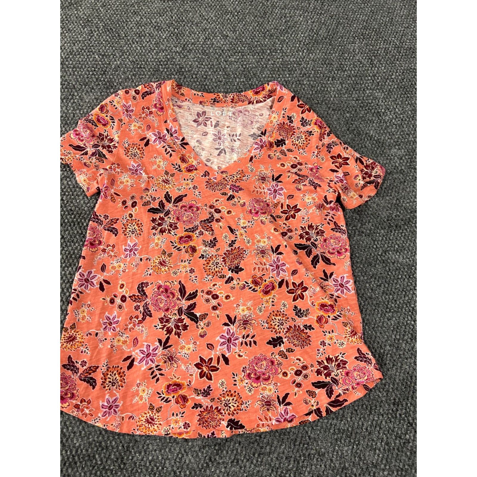 Loft Loft Shirt Womens Medium Orange Floral V-Neck Short Sleeve Cotton Tee Top Size M / US 6-8 / IT 42-44 - 2 Thumbnail
