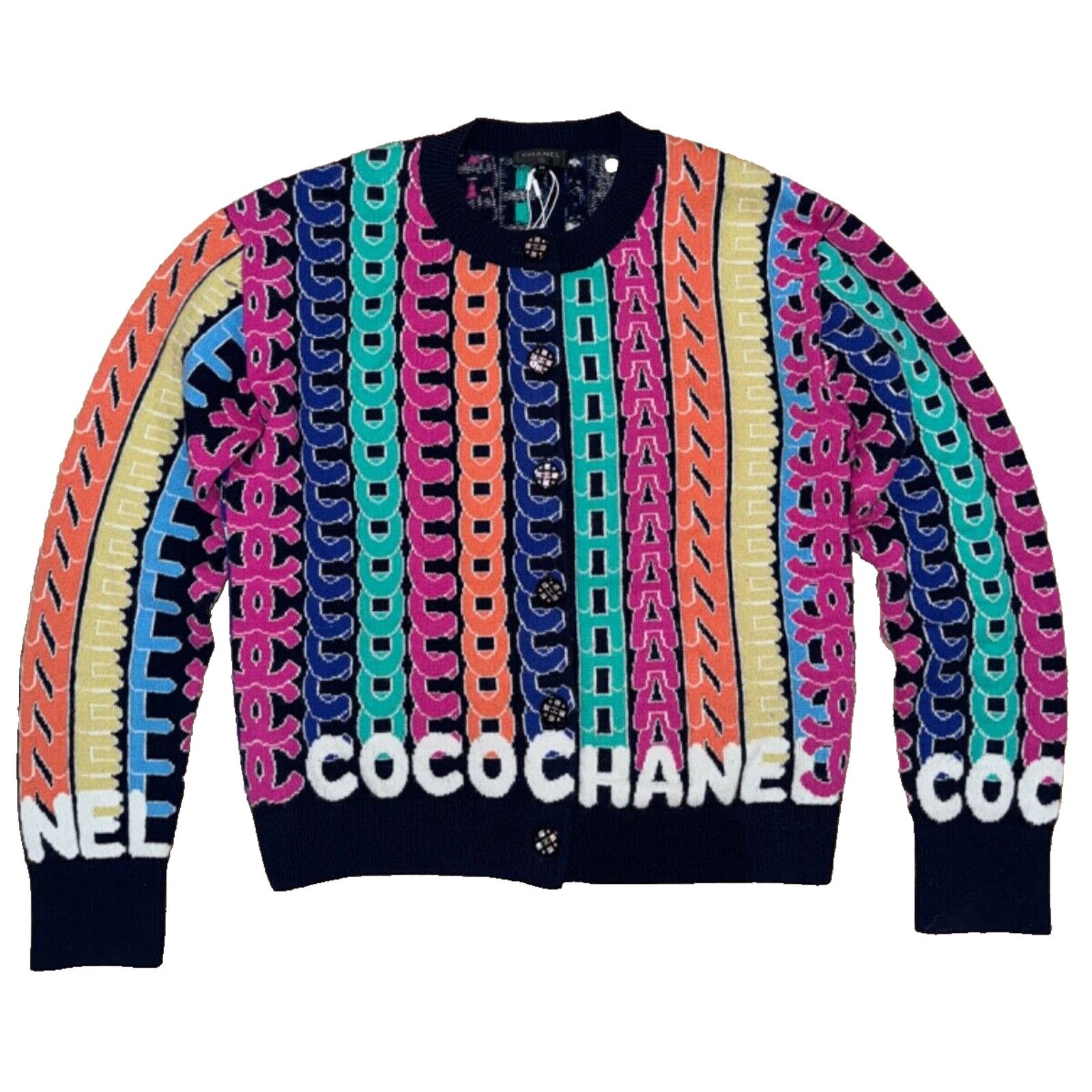 Chanel 21K Blue Rainbow Letter Logo CC Button Long Sleeve