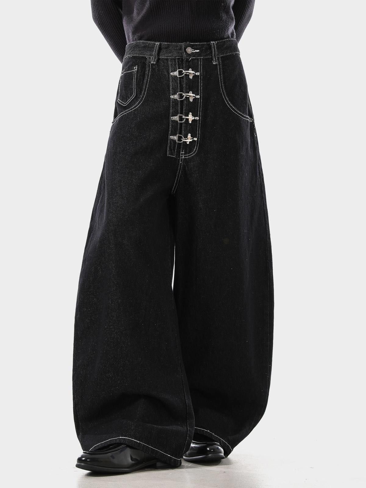 Japanese Brand Black Wide Leg Denim Jeans, Hook Closure Jeans Size US 32 / EU 48 - 2 Thumbnail
