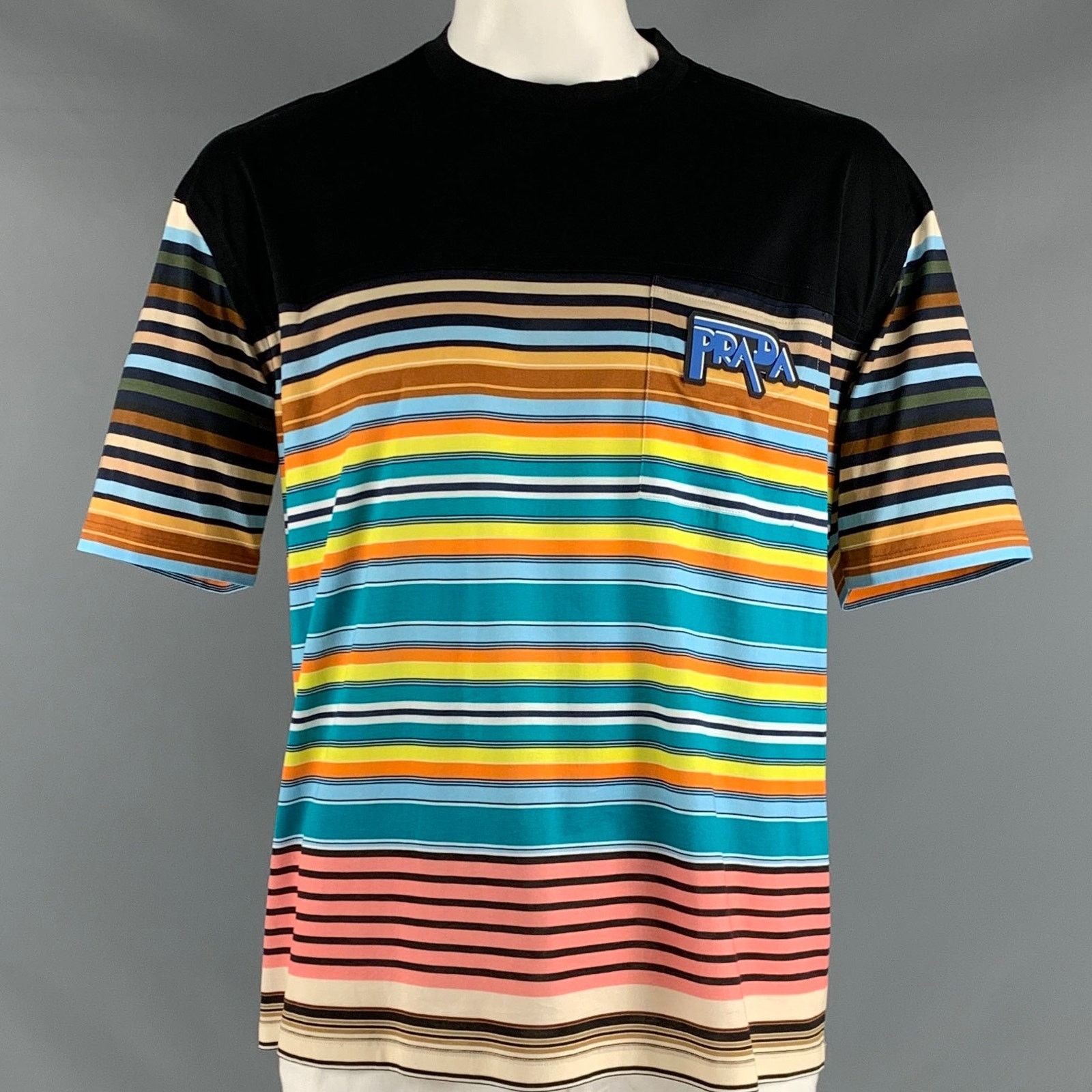 Prada PRADA XL Black Multi-Color Stripe Cotton Crew Neck T-shirt Size US XL / EU 56 / 4 - 1 Thumbnail