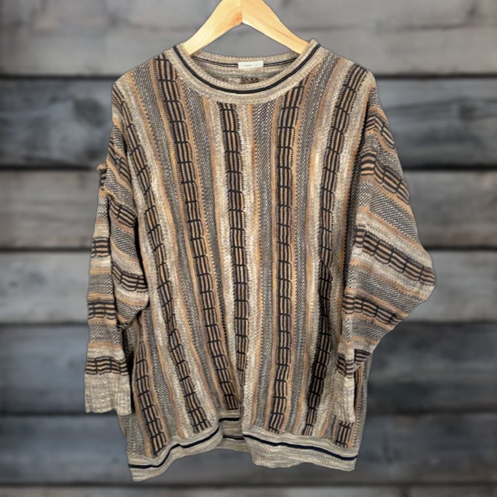 Coogi VINTAGE COOGI Style Sweater Mens XL Brown Beige Striped Crew Neck Chunky-Knit Pullover 90s Hip Hop Size US XL / EU 56 / 4 - 1 Thumbnail