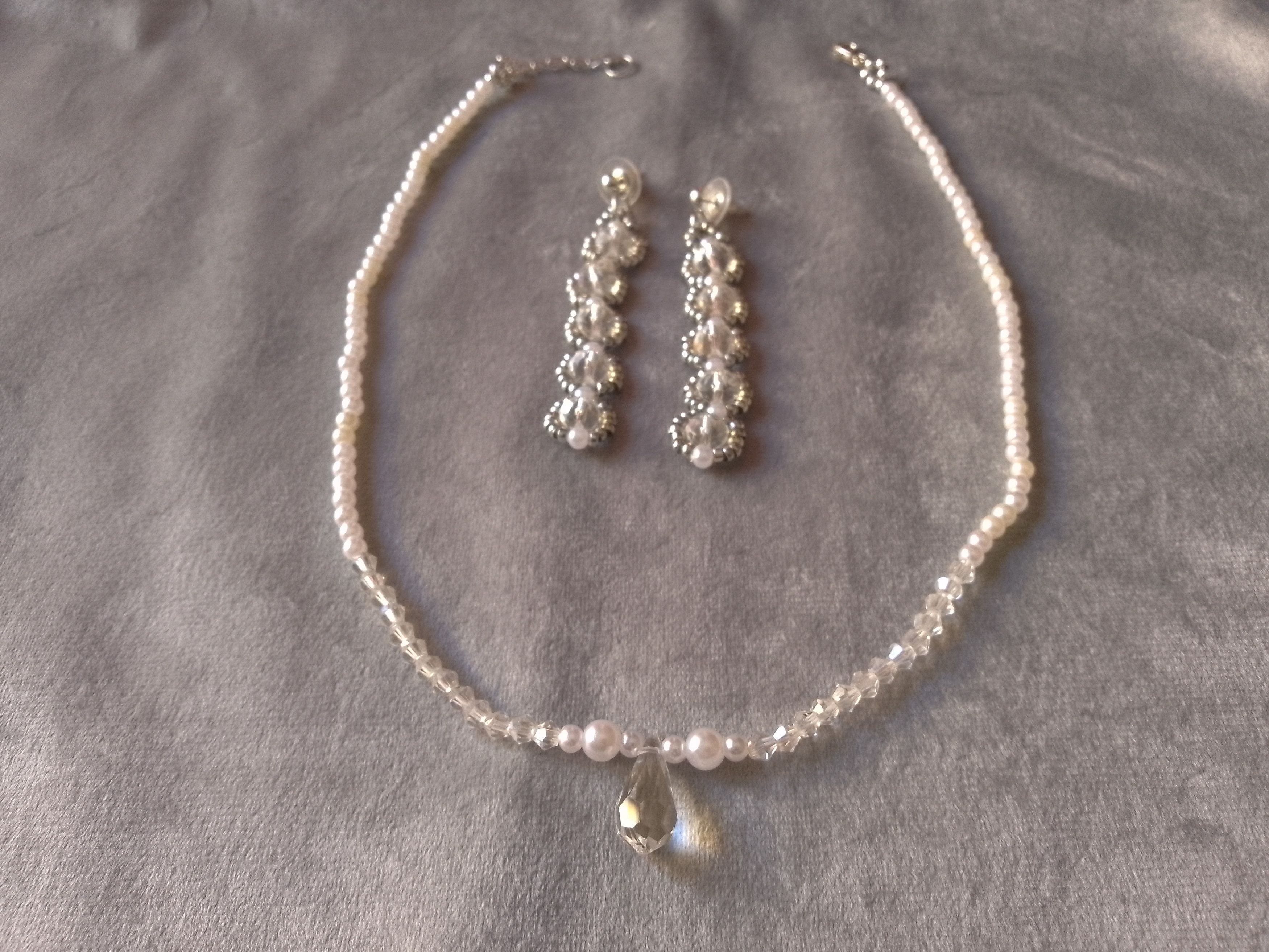 Handmade Necklace Pearls Crystals. Swarovski Teardrop.Long Earrings Size ONE SIZE - 7 Thumbnail