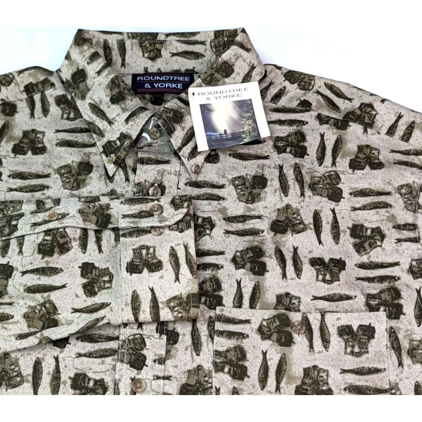 Roundtree & Yorke ROUNDtree & Yorke Fishing Themed All Over Print Shirt Men LG Beige Long Sleeve Size US L / EU 52-54 / 3 - 2 Thumbnail