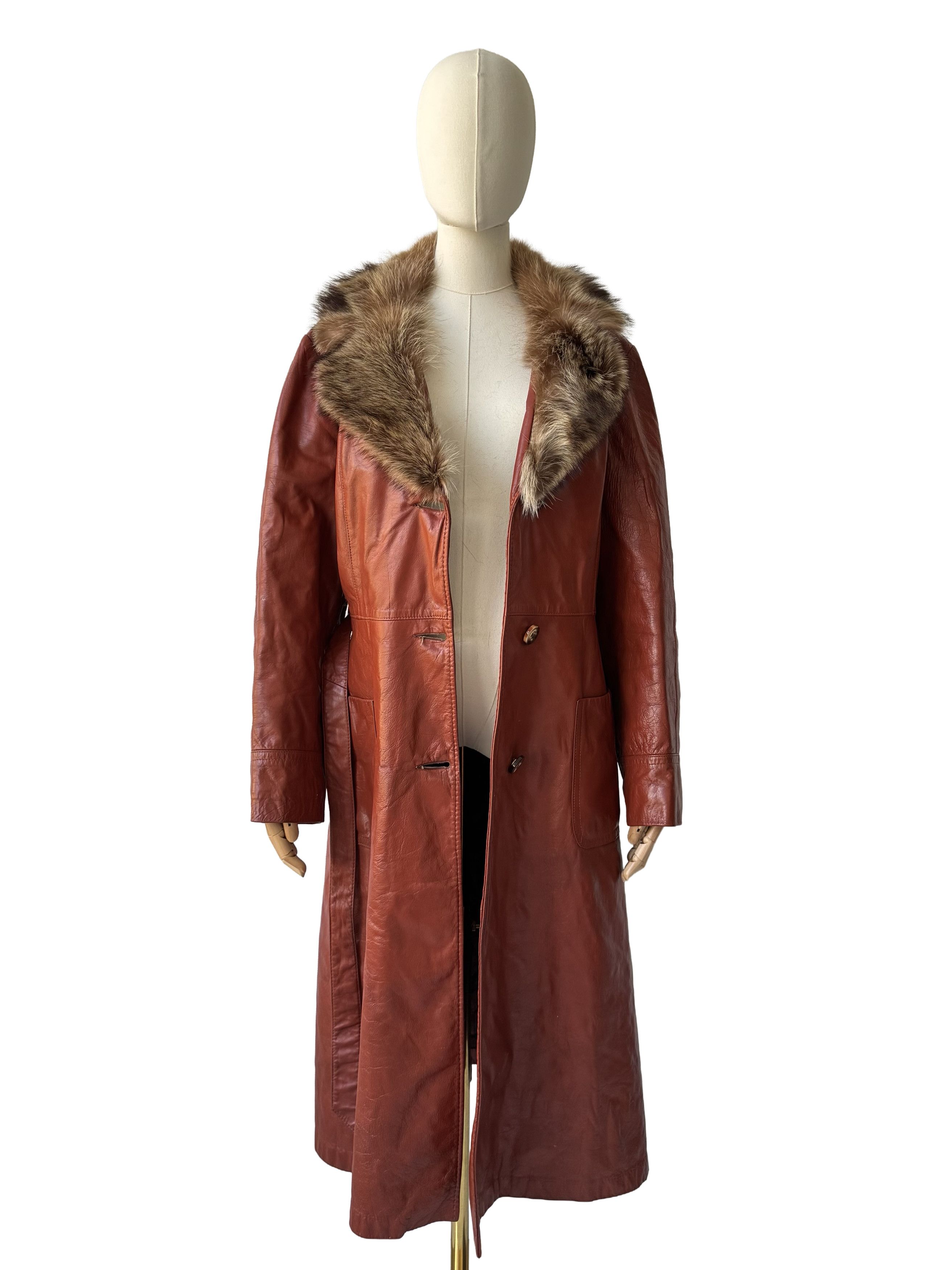 Vintage Vintage Real Leather Coat Real Fur Collar Belted Long Size L / US 10 / IT 46 - 3 Thumbnail