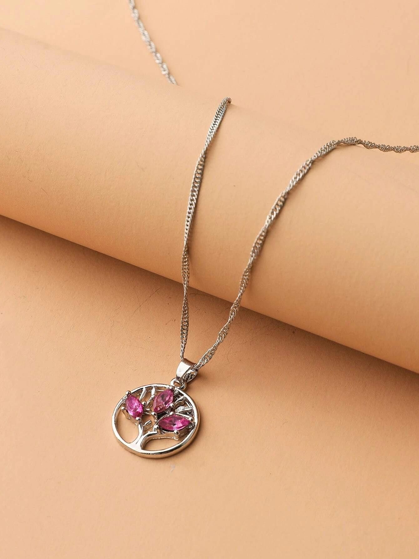 Designer Sterling Silver Pink Marquise Tree of Life Necklace Size ONE SIZE - 3 Thumbnail