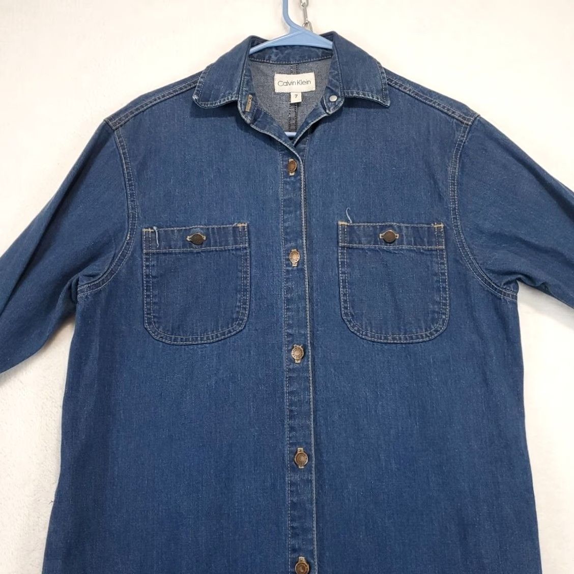 Calvin Klein VINTAGE Calvin Klein Denim Jumper Dress Long Sleeve Midi Blue 7 Women USA 80s Retro Shirt Dress with Pockets Size M / US 6-8 / IT 42-44 - 2 Thumbnail