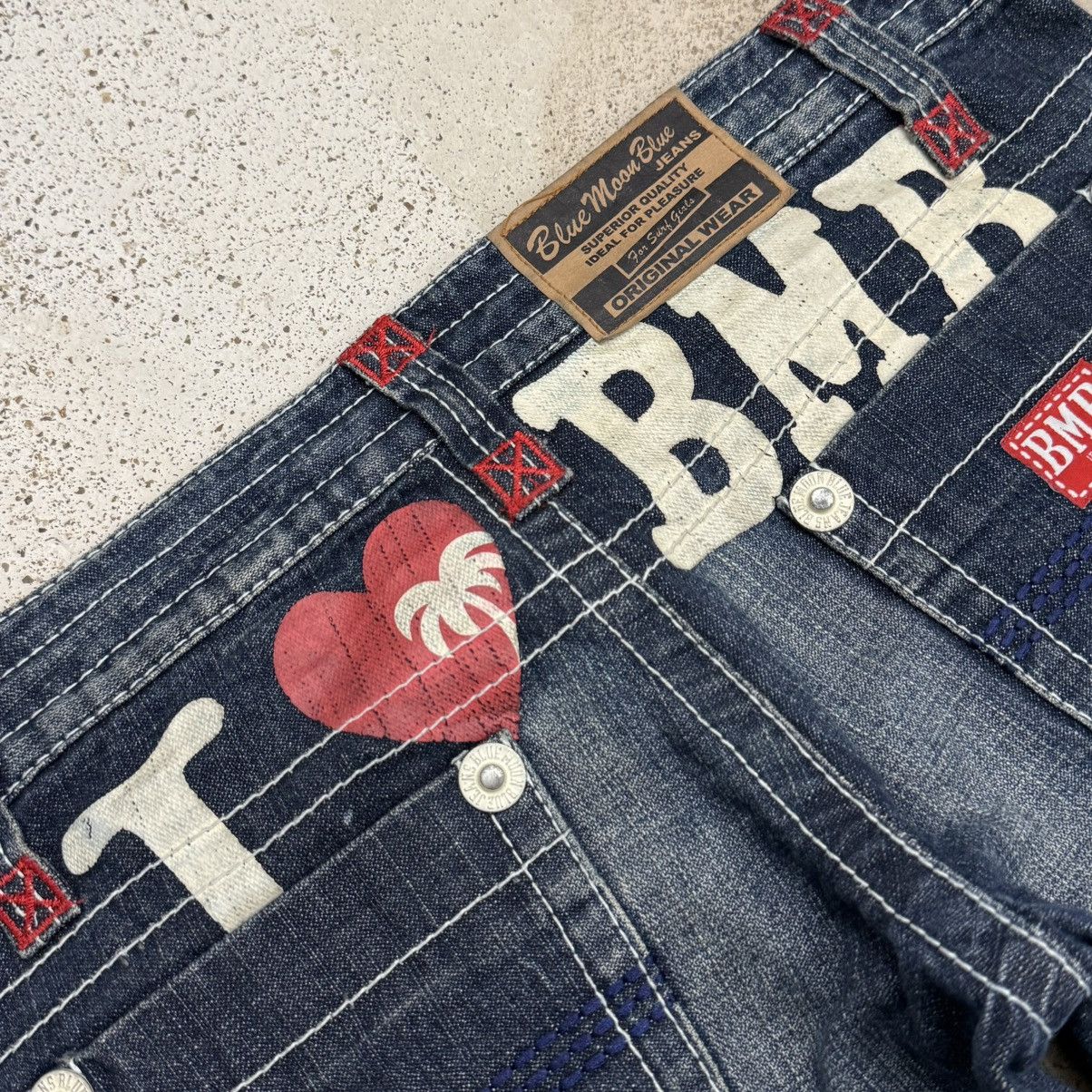 Japanese Brand Wide Leg Unisex Blue Moon Blue Whisker Printed Denim Pants Size US 29 - 15 Thumbnail