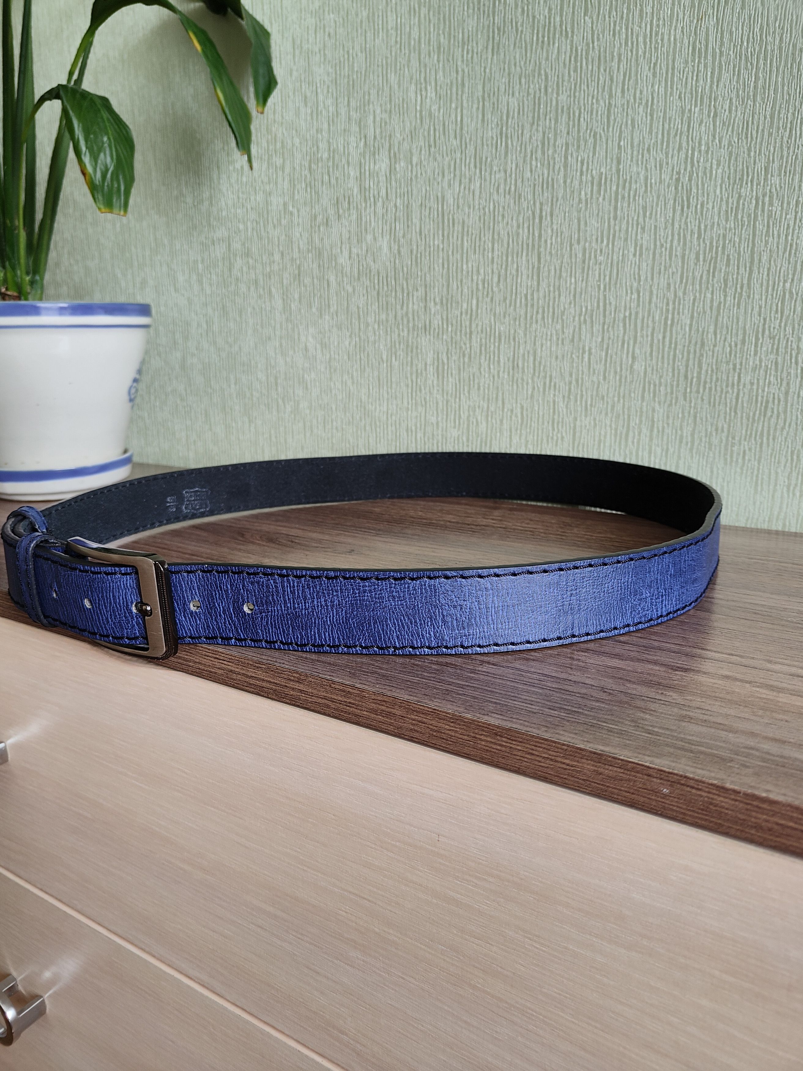 Genuine Leather Men's Leather Belt Blue Nova Check Leather Belt Size ONE SIZE - 5 Thumbnail