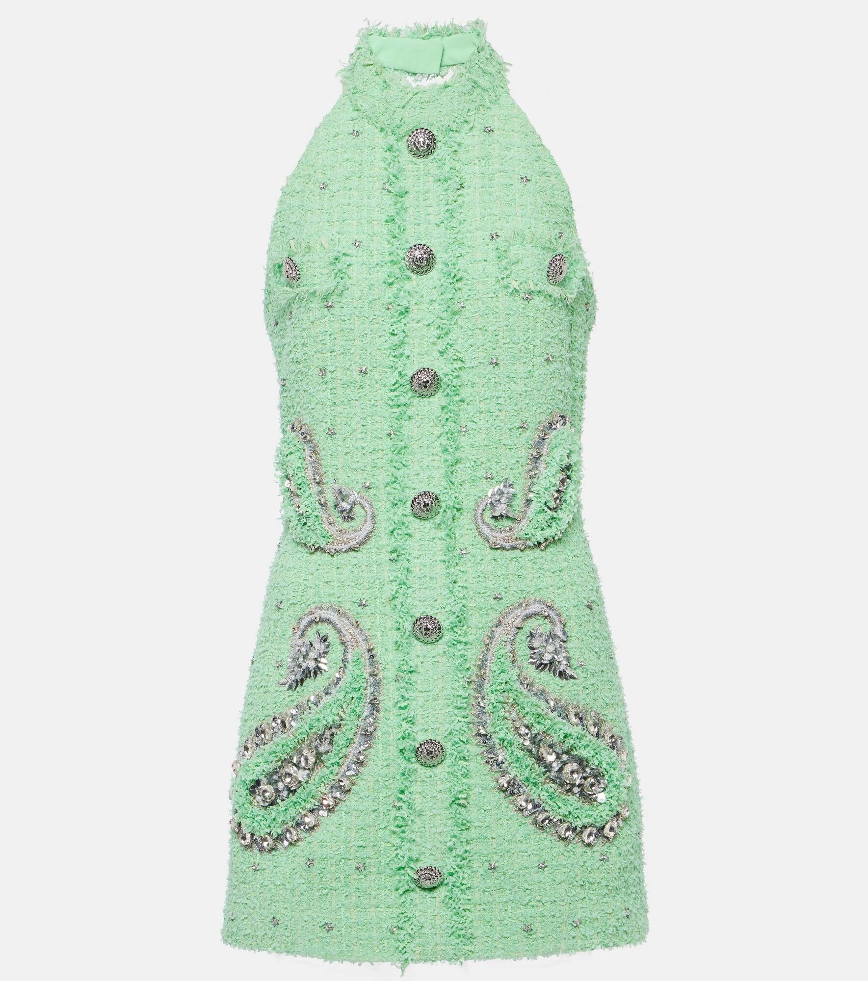 Balmain o1s1wg110825 Embellished Tweed Mini Dress in Green Size L / US 10 / IT 46 - 1 Thumbnail