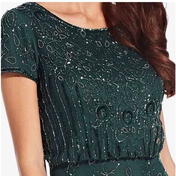 adrianna papell green beaded dress Green Beaded Midi Dress With Sheer Ruffled Sleeves