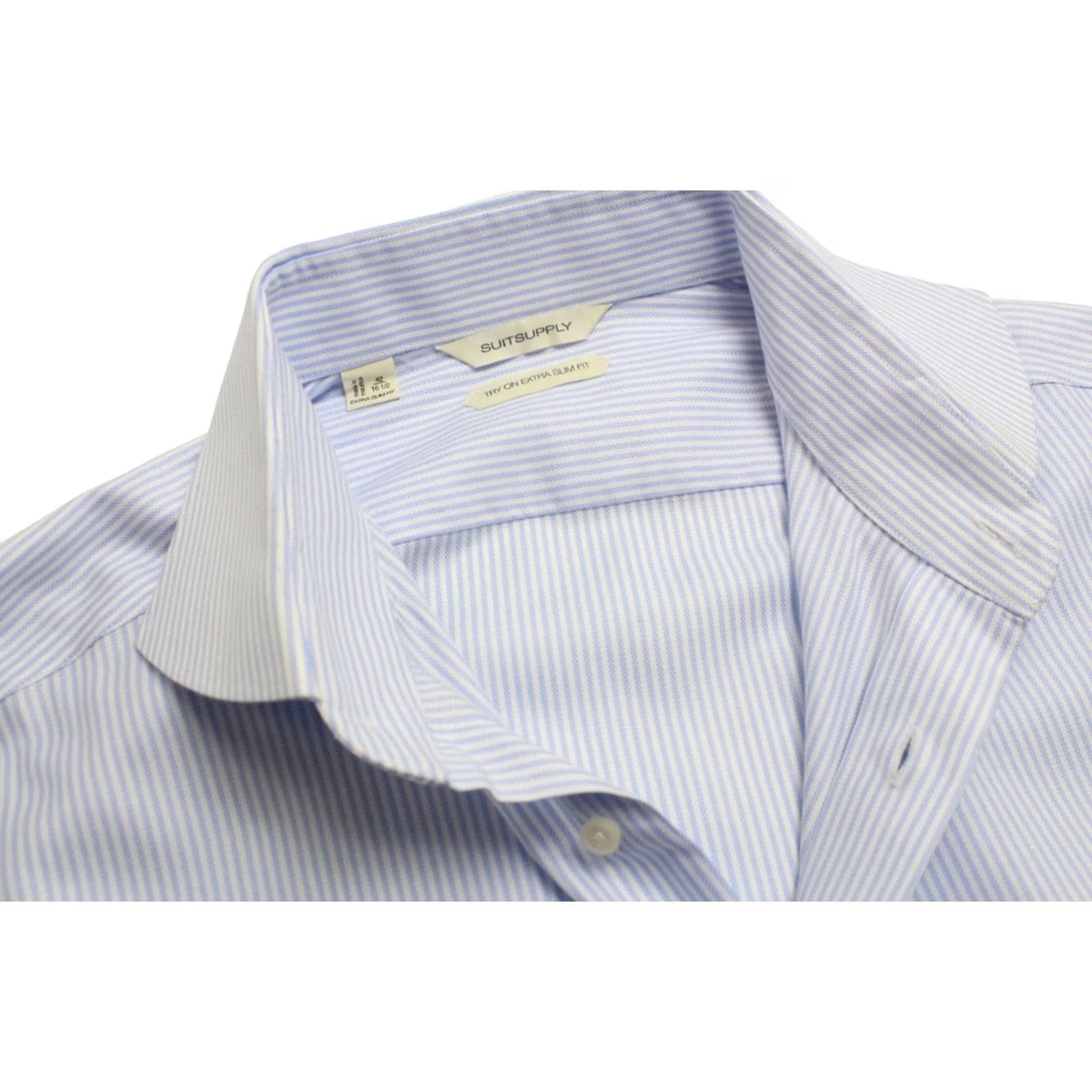 Suitsupply SUITSUPPLY Formal Shirt Men's Extra Slim Fit 42 / 16 1/2 Cutaway Neck Blue Pinstripe Button-Up All Seasons Size 42R - 4 Thumbnail