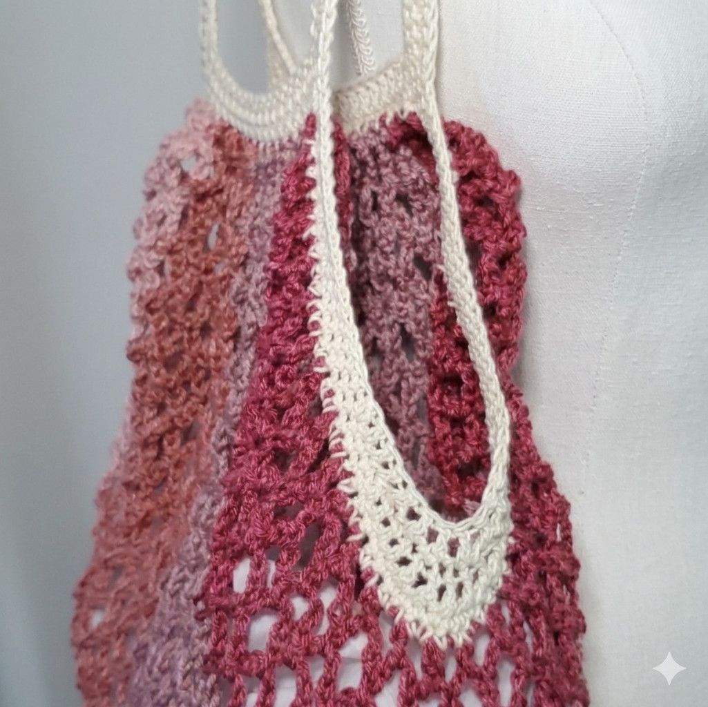 Handmade Market Bag Burgundy Handmade Crochet French Net Tote Sack Size ONE SIZE - 6 Thumbnail