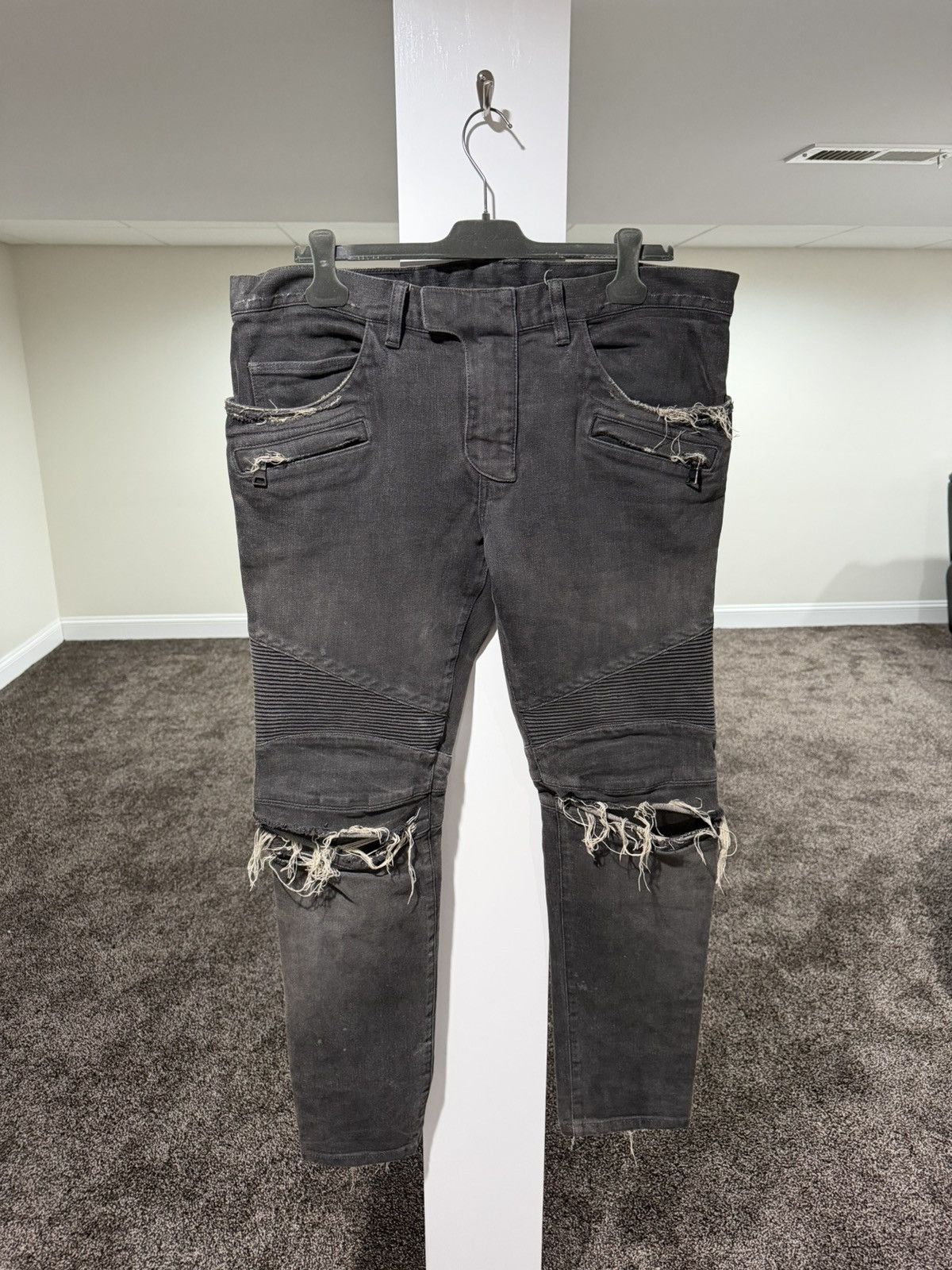 Balmain Balmain Moto Biker Distressed Stone Dark Gray Denim Jeans Size US 36 / EU 52 - 13 Thumbnail