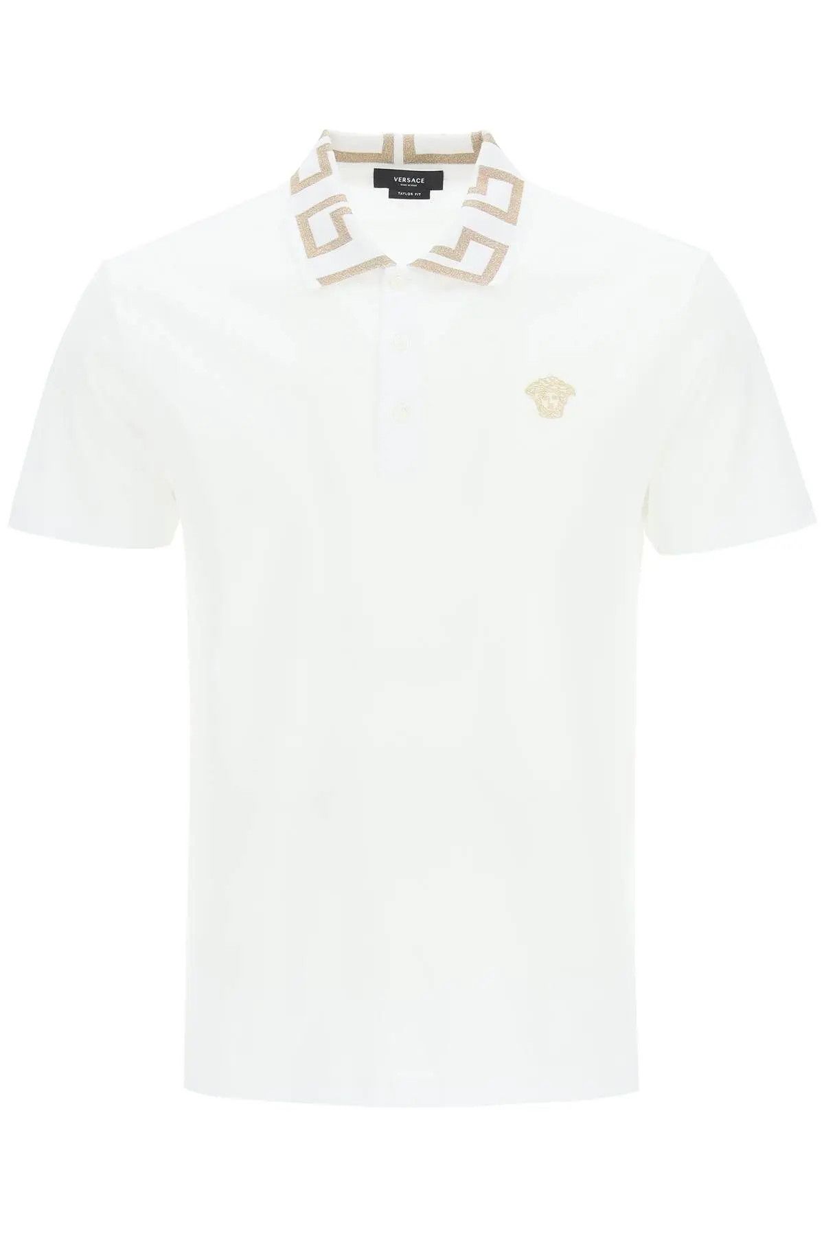 Image of Versace O1S22I1N0124 Greca Collar Polo Shirt In White Gold, Men's (Size Small)